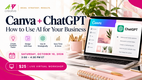 Canva + ChatGPT AI workshop, October 10, 2026, A&P Creative