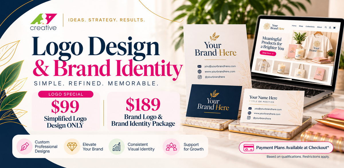 A&P Creative Logo Design and Brand Identity Specials, original layout with merchandise website shown on the laptop screen only.
